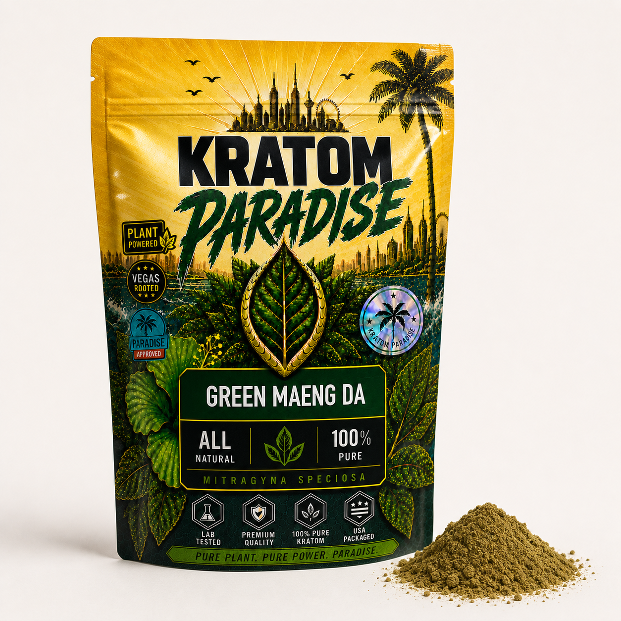 Green Maeng Da kratom powder in the new Kratom Paradise pouch