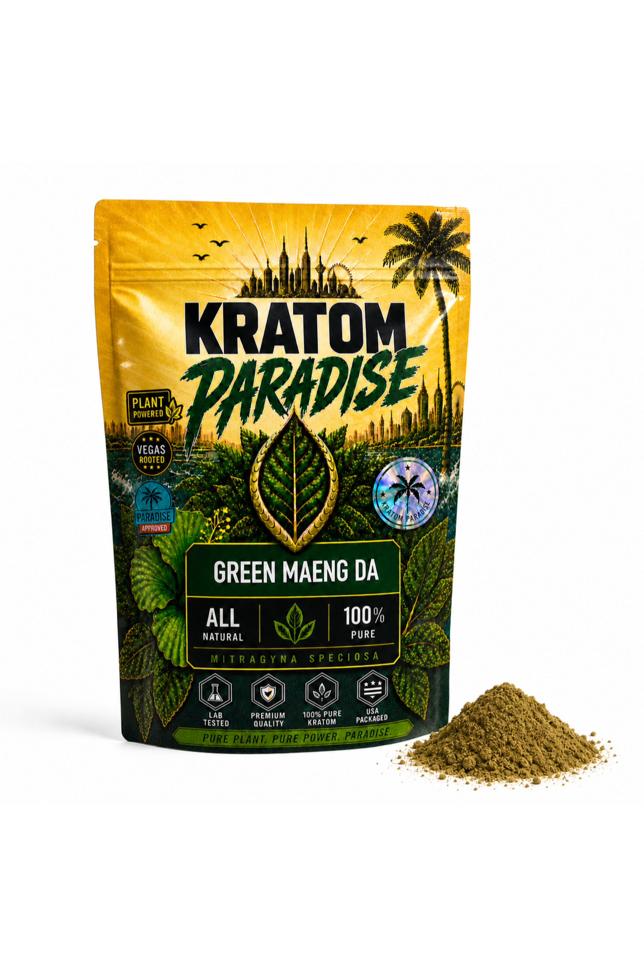 Green Maeng Da Kratom Powder pouch and loose powder on a white background
