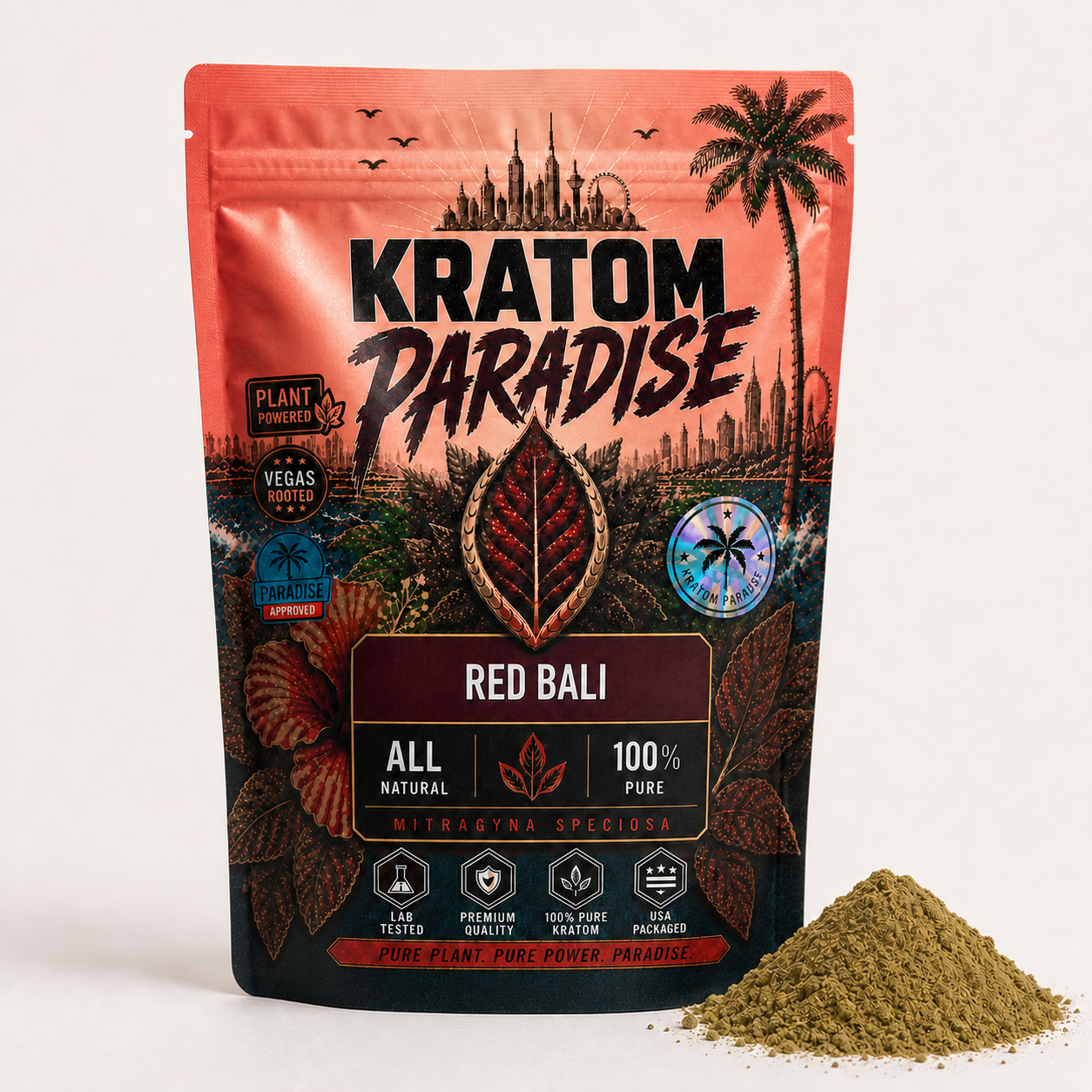 Red Bali kratom powder in the new Kratom Paradise pouch