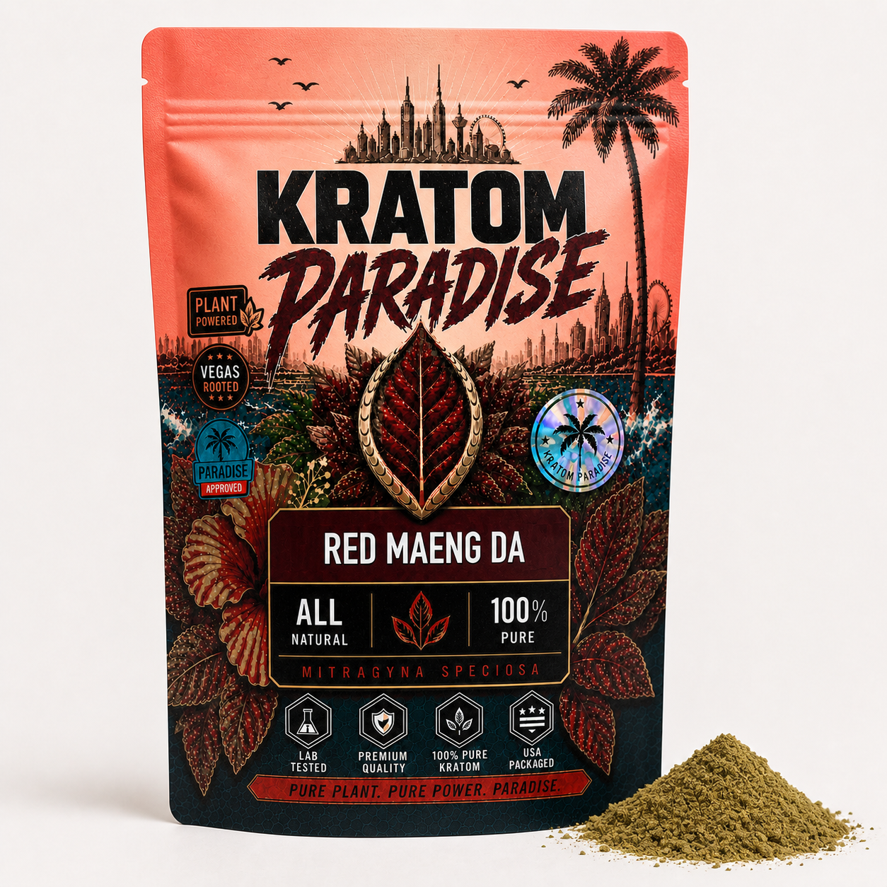 Red Maeng Da kratom powder in the new Kratom Paradise pouch