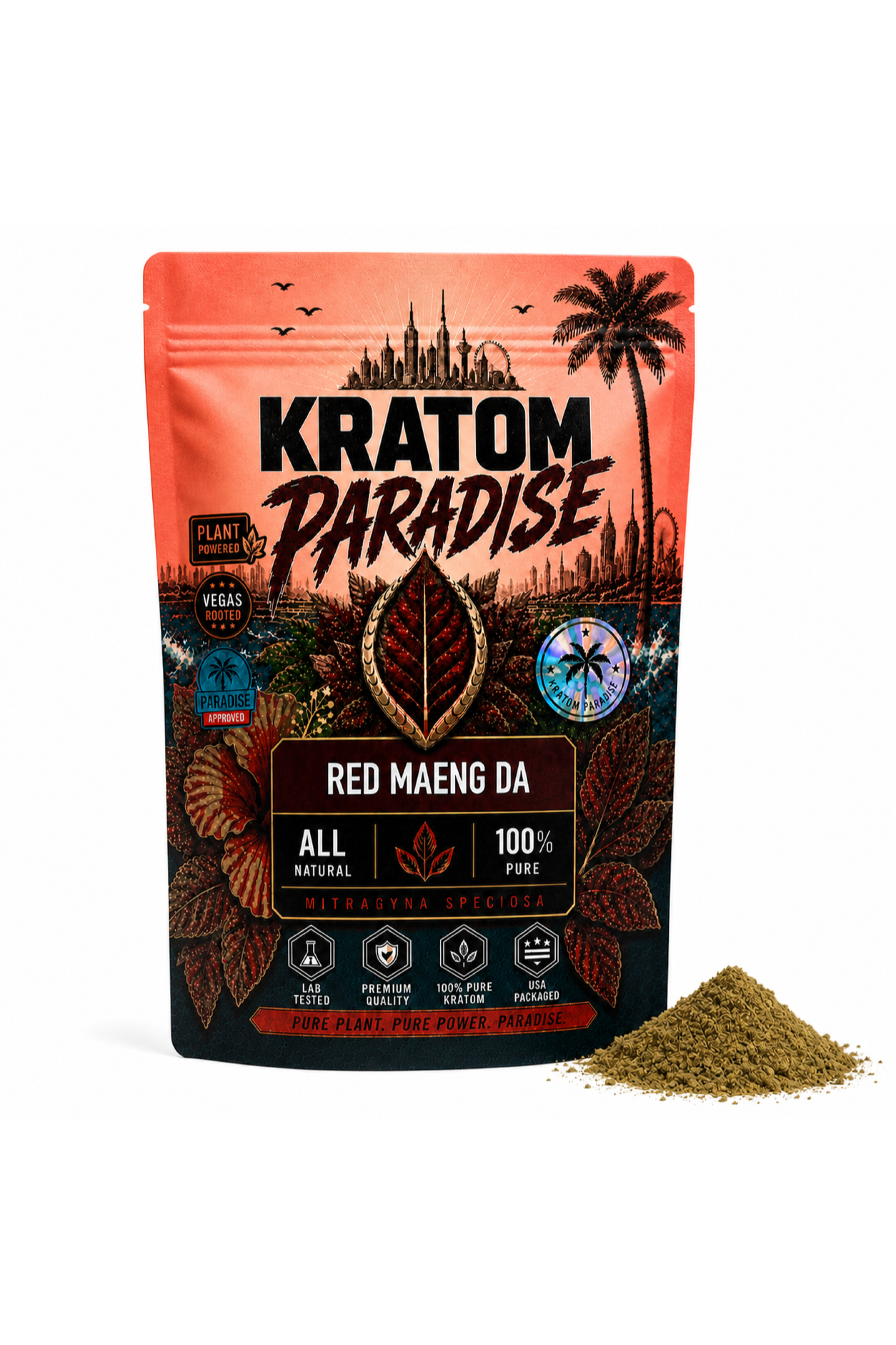 Red Maeng Da Kratom Powder pouch and loose powder on a white background