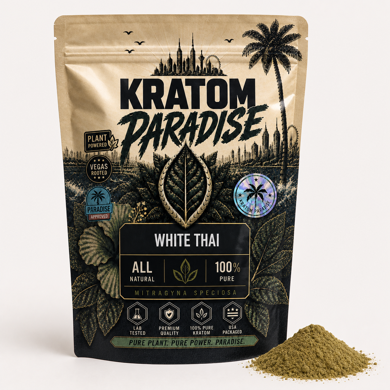 White Thai kratom powder in the new Kratom Paradise pouch