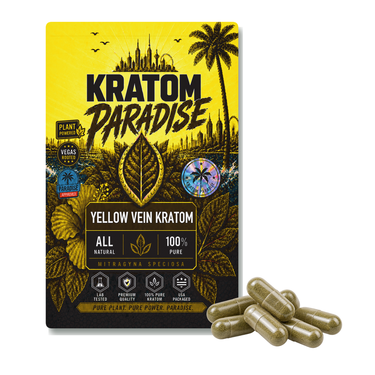 Gold Bali kratom capsules in new Kratom Paradise yellow vein Roastar packaging