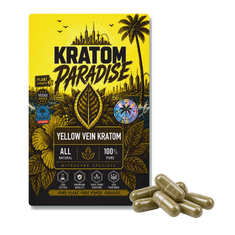 Gold Bali kratom capsules in new Kratom Paradise yellow vein Roastar packaging