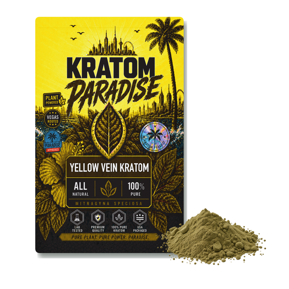 Gold Bali kratom powder in new Kratom Paradise yellow vein Roastar packaging