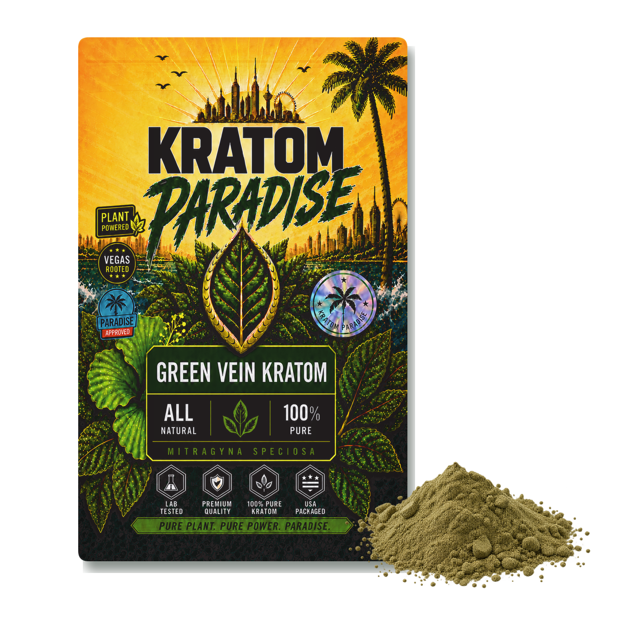 Green Borneo kratom powder in new Kratom Paradise green vein Roastar packaging