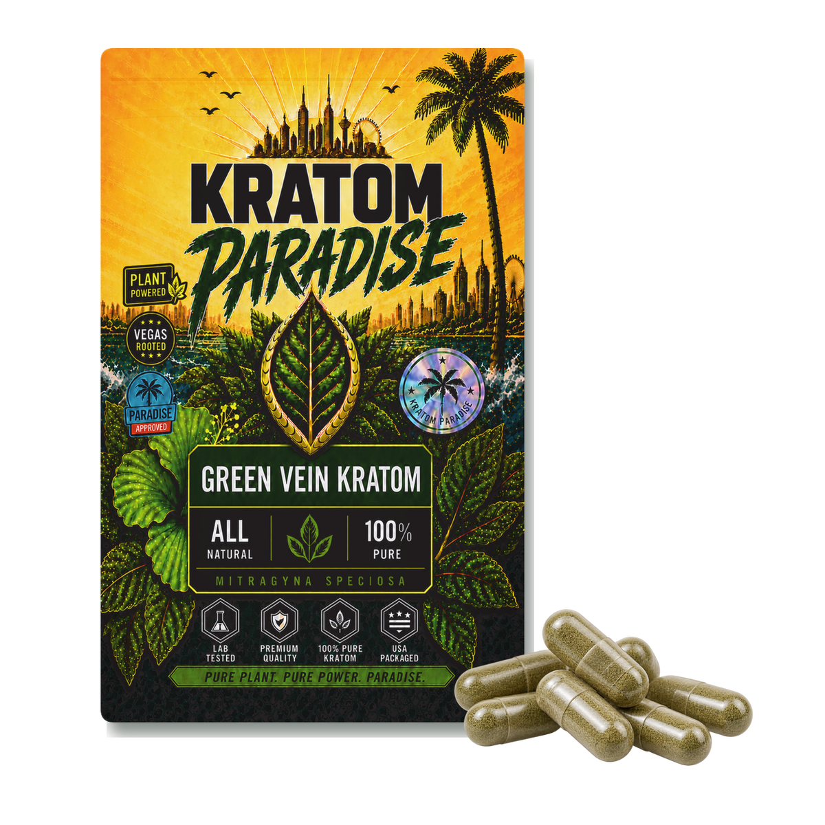 Green Maeng Da kratom capsules in new Kratom Paradise green vein Roastar packaging
