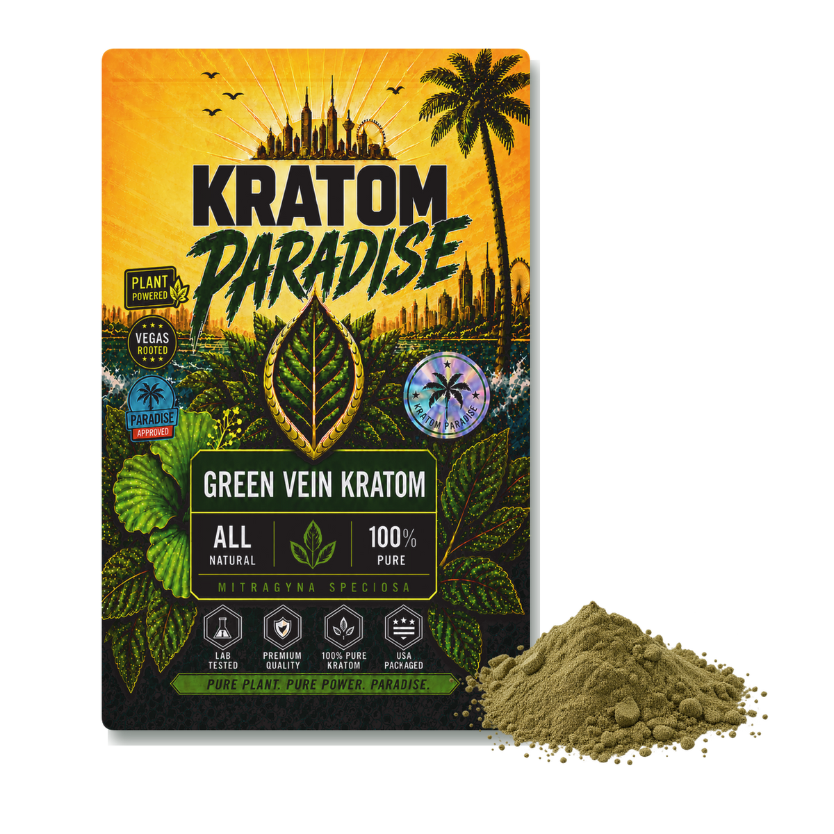 Green Malay kratom powder in new Kratom Paradise green vein Roastar packaging