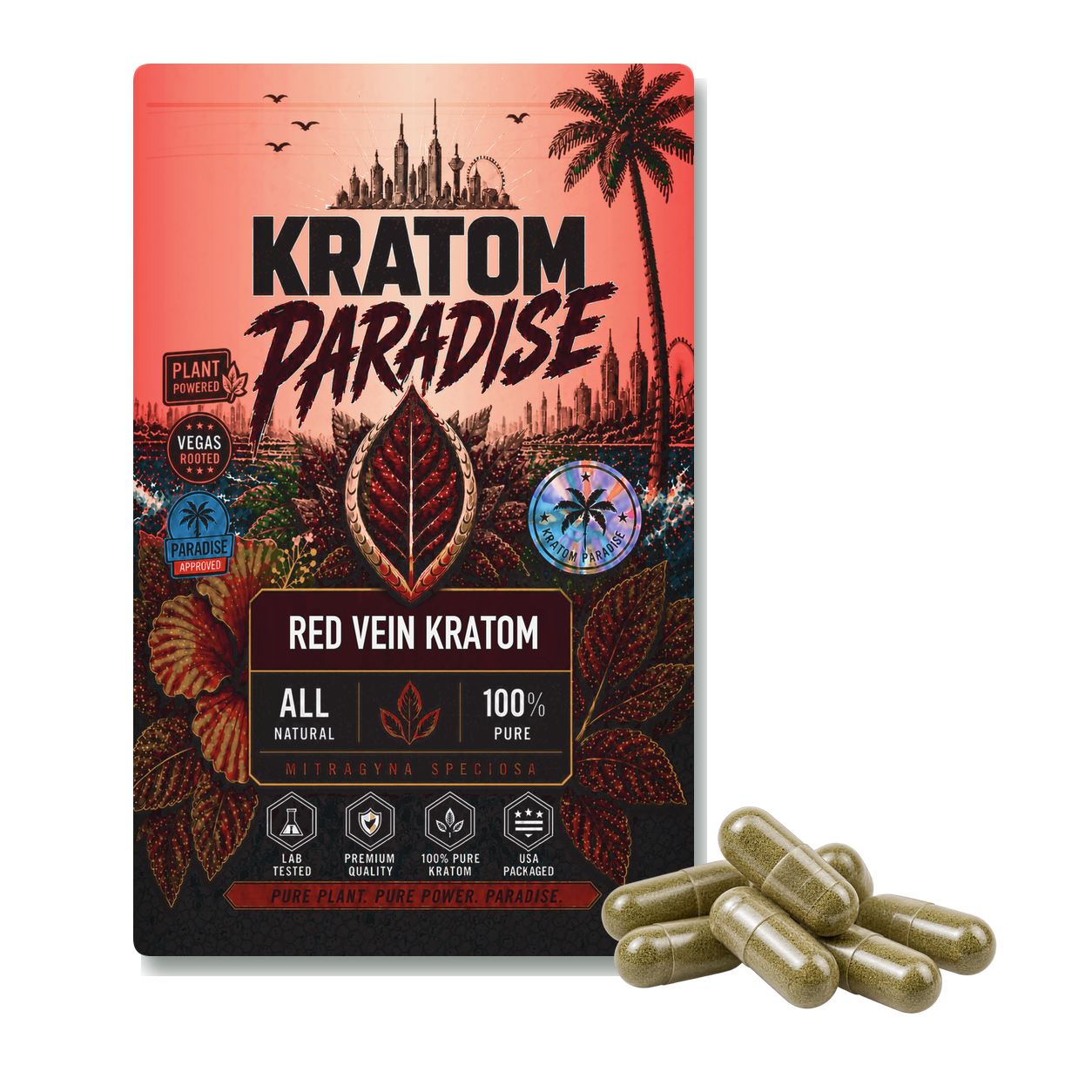 Red Bali kratom capsules in new Kratom Paradise red vein Roastar packaging