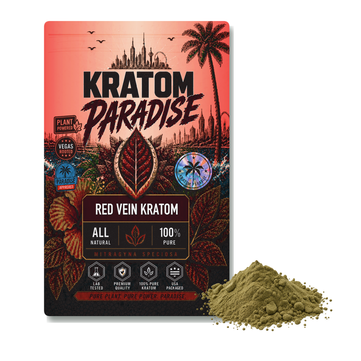 Red Bali kratom powder in new Kratom Paradise red vein Roastar packaging