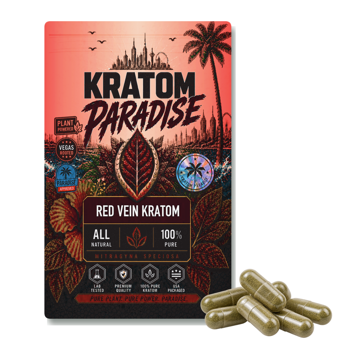Red Maeng Da kratom capsules in new Kratom Paradise red vein Roastar packaging