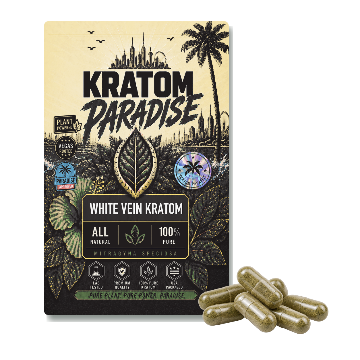 White Maeng Da kratom capsules in new Kratom Paradise white vein Roastar packaging