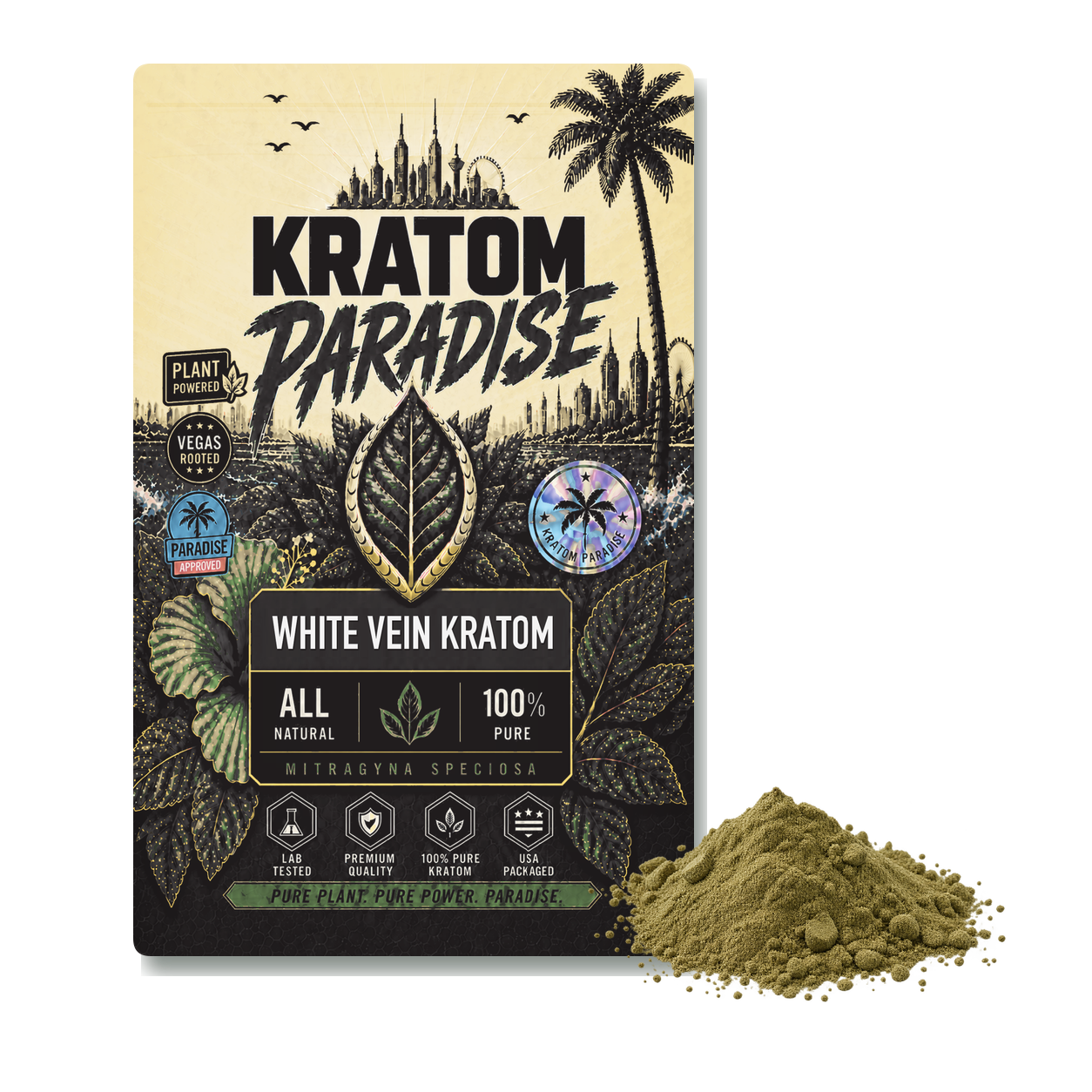 White Maeng Da kratom powder in new Kratom Paradise white vein Roastar packaging