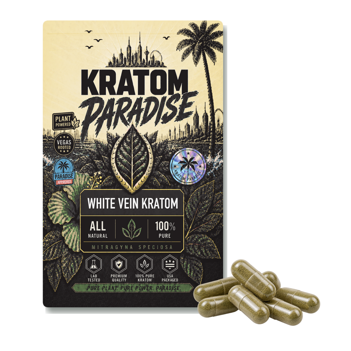 White Thai kratom capsules in new Kratom Paradise white vein Roastar packaging