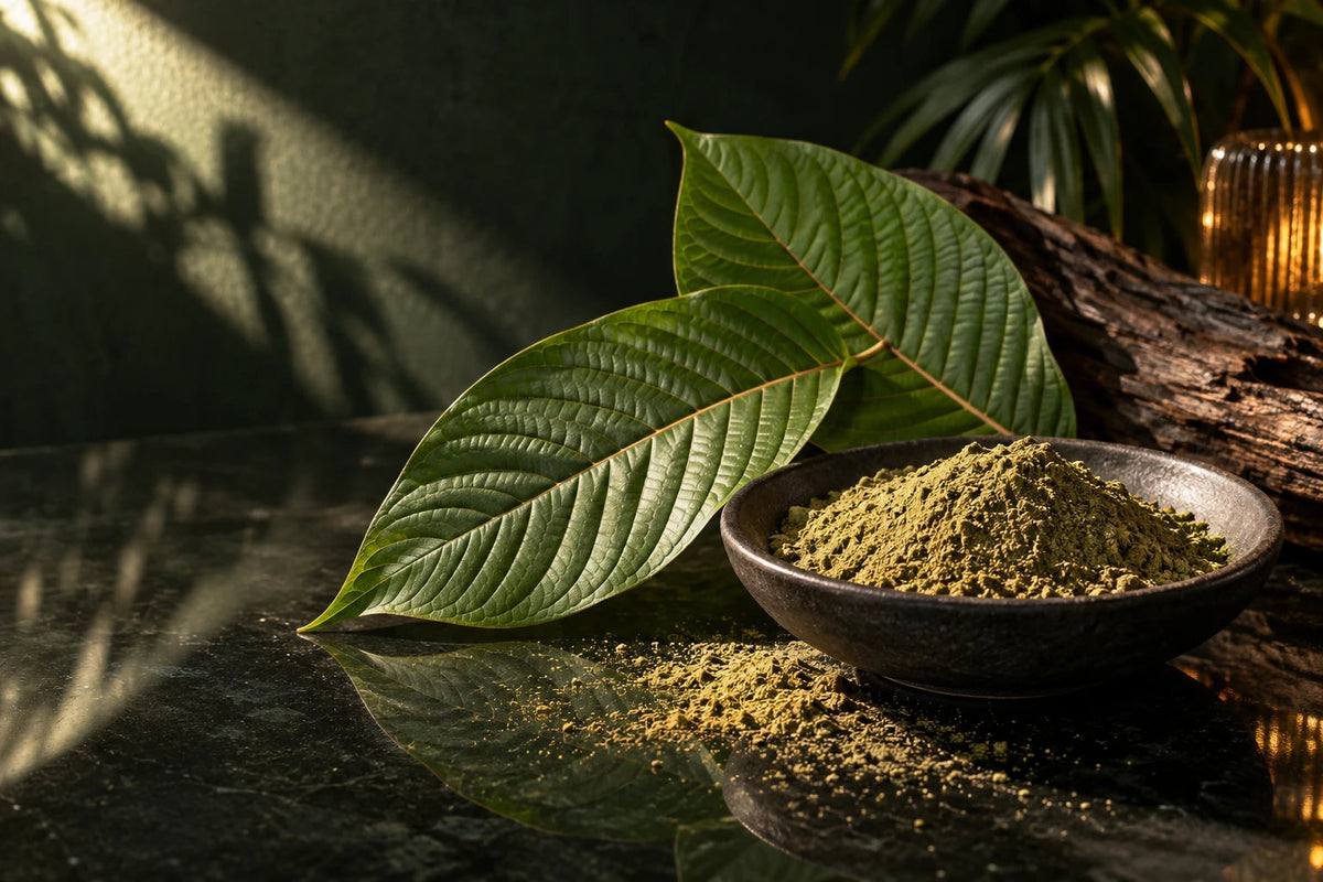 A botanical still life of broad green leaves and finely milled leaf powder in a charcoal dish