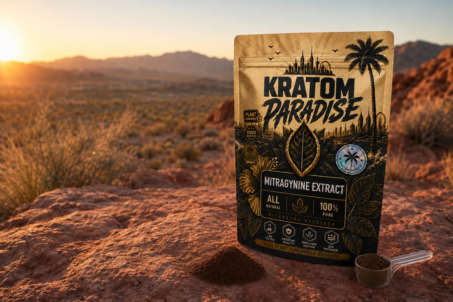 Kratom Paradise Mitragynine Extract Powder pouch in a desert sunrise setting