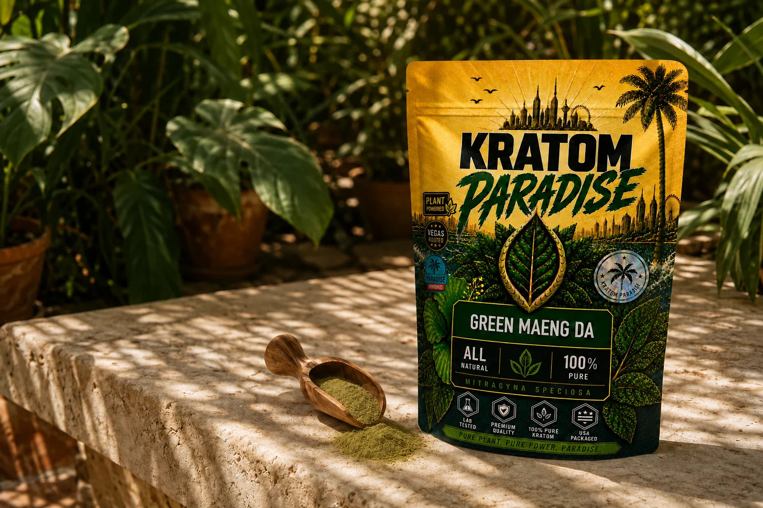 Kratom Paradise Green Maeng Da pouch in a sunlit conservatory
