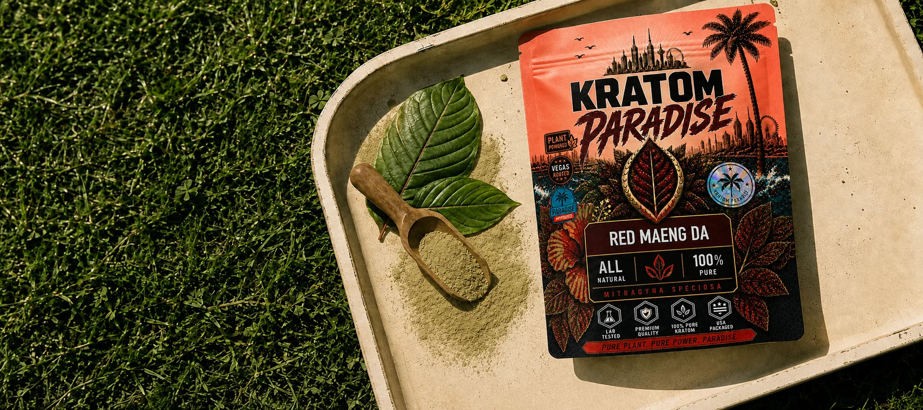 Kratom Paradise Red Maeng Da pouch arranged on a tray in grass