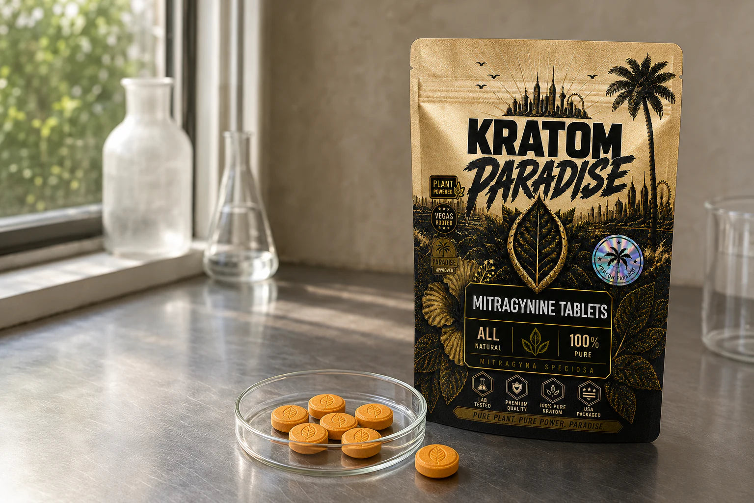 Kratom Paradise Mitragynine Tablets pouch and tablets in a clean quality lab setting