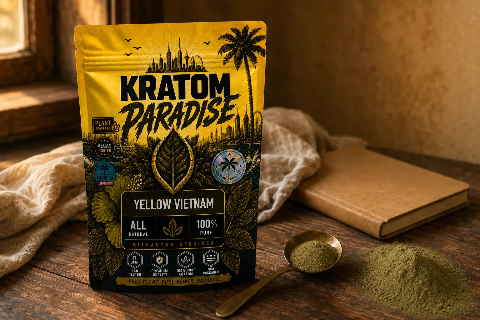 Kratom Paradise Yellow Vietnam pouch with a field journal
