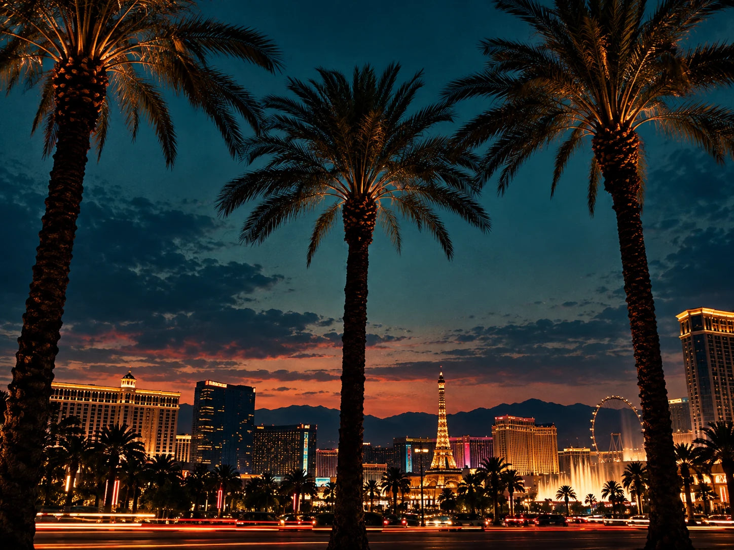 Palm trees and a Las Vegas-inspired skyline at dusk