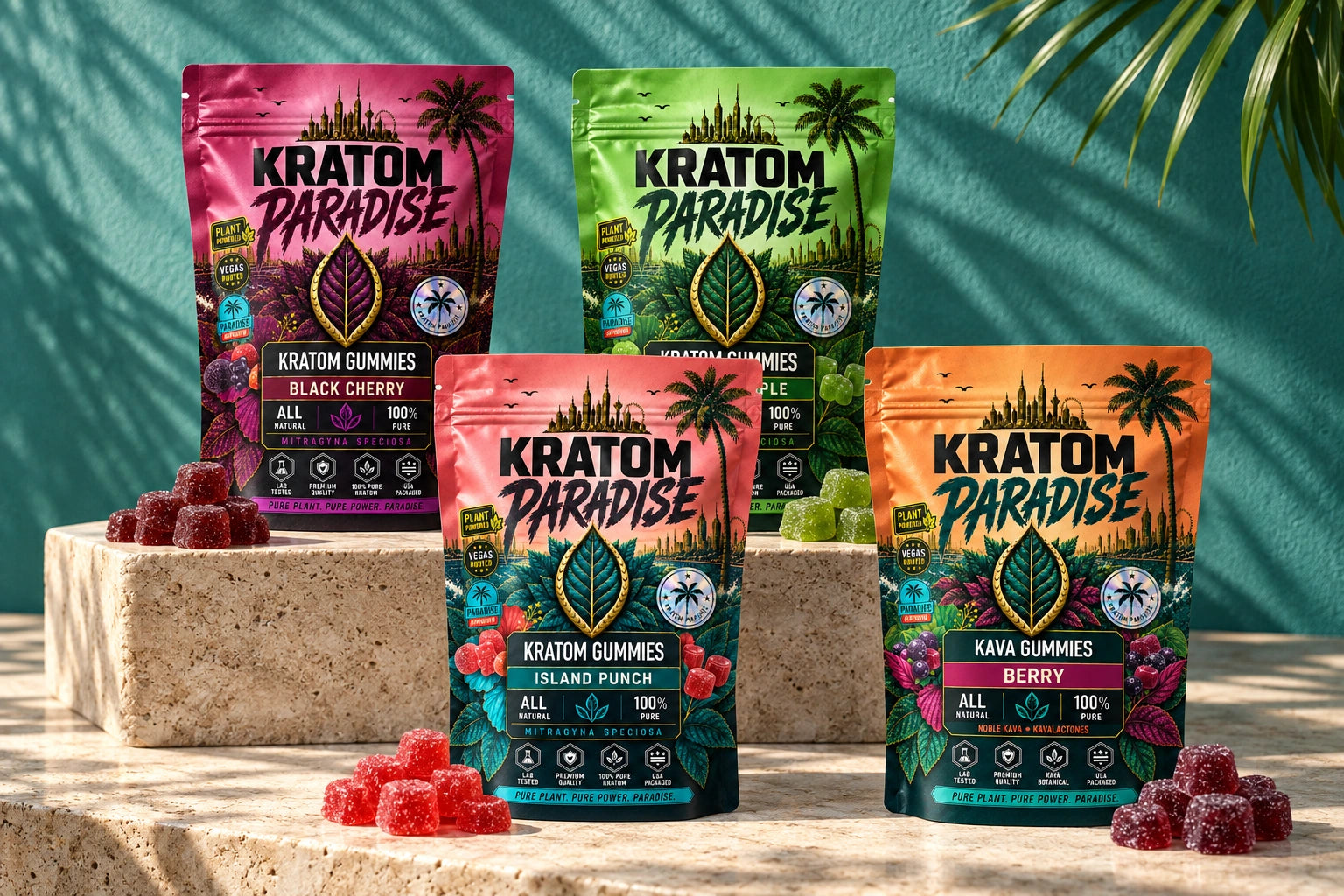 Black Cherry, Green Apple, Island Punch, and Berry gummy pouches with matching gummies