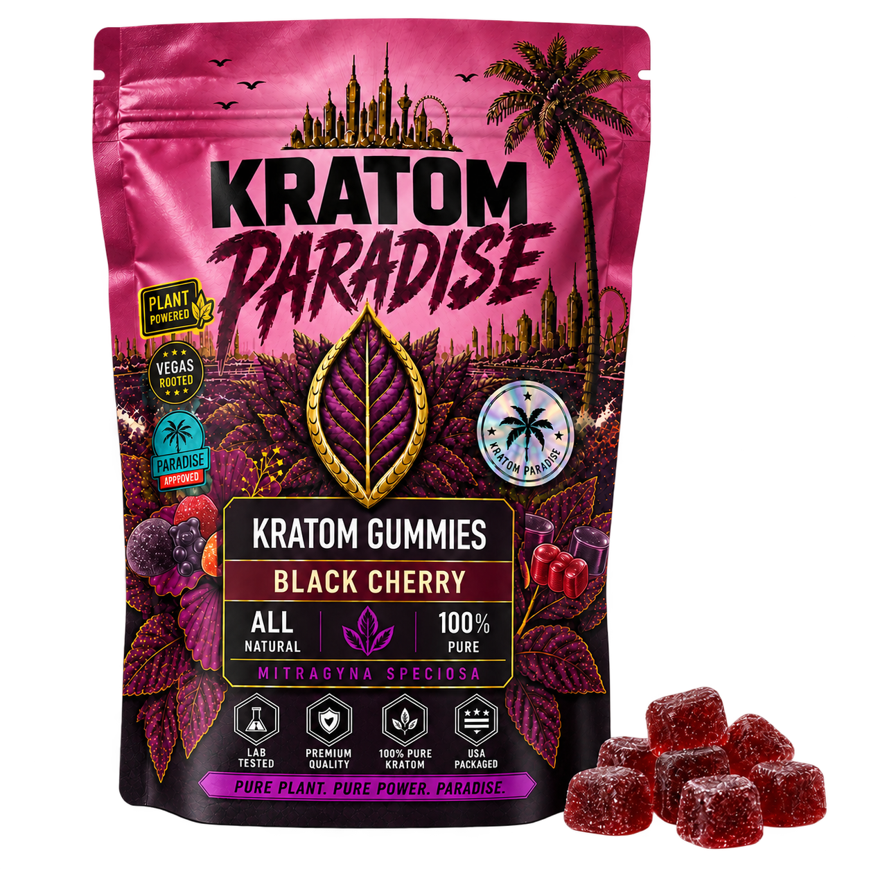 Black Cherry Kratom Gummies pouch and gummies