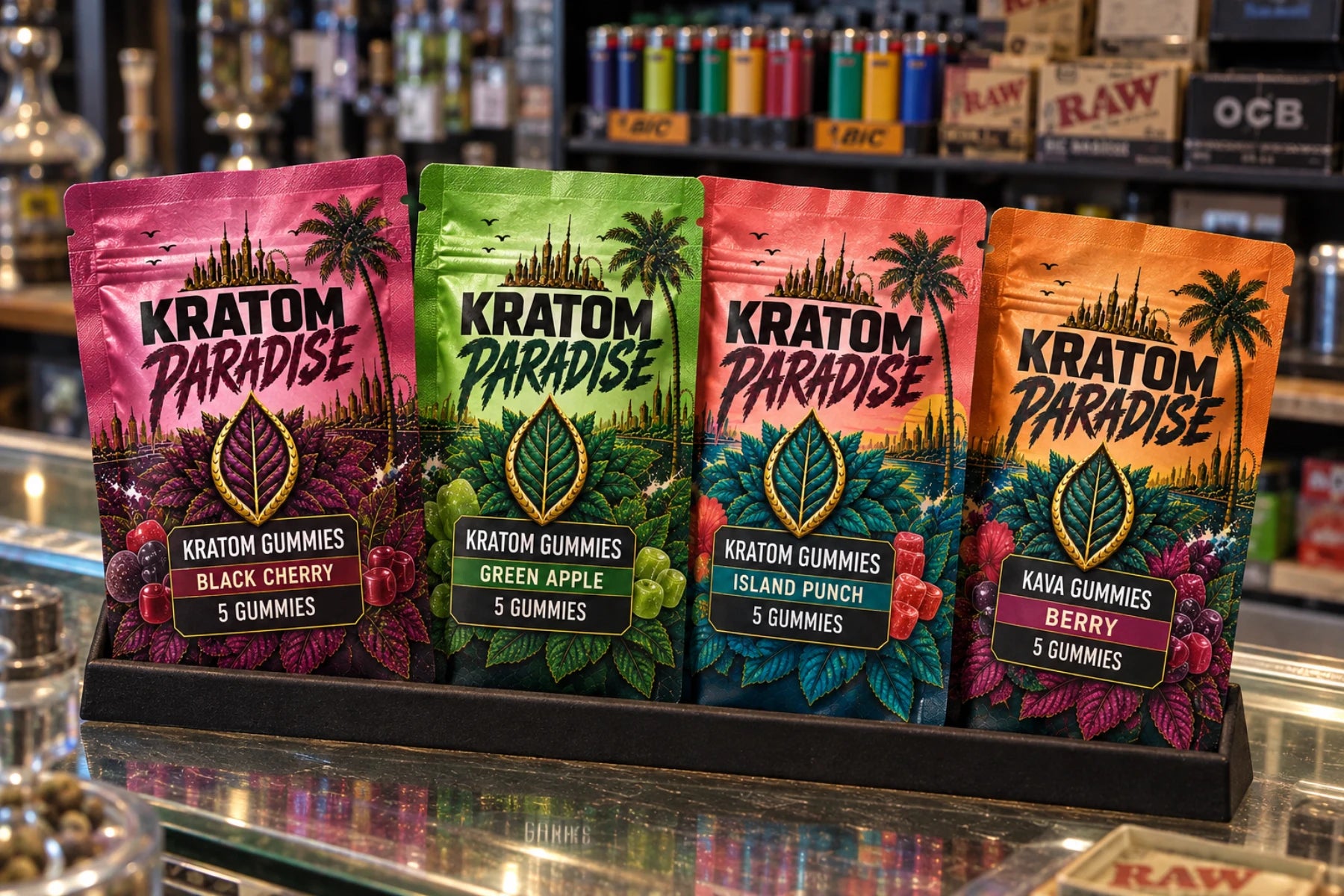 Kratom Paradise five-count gummy pouches displayed on a smoke shop counter