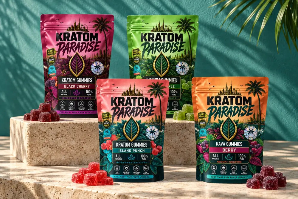 Black Cherry, Green Apple, Island Punch, and Berry gummy pouches with matching gummies